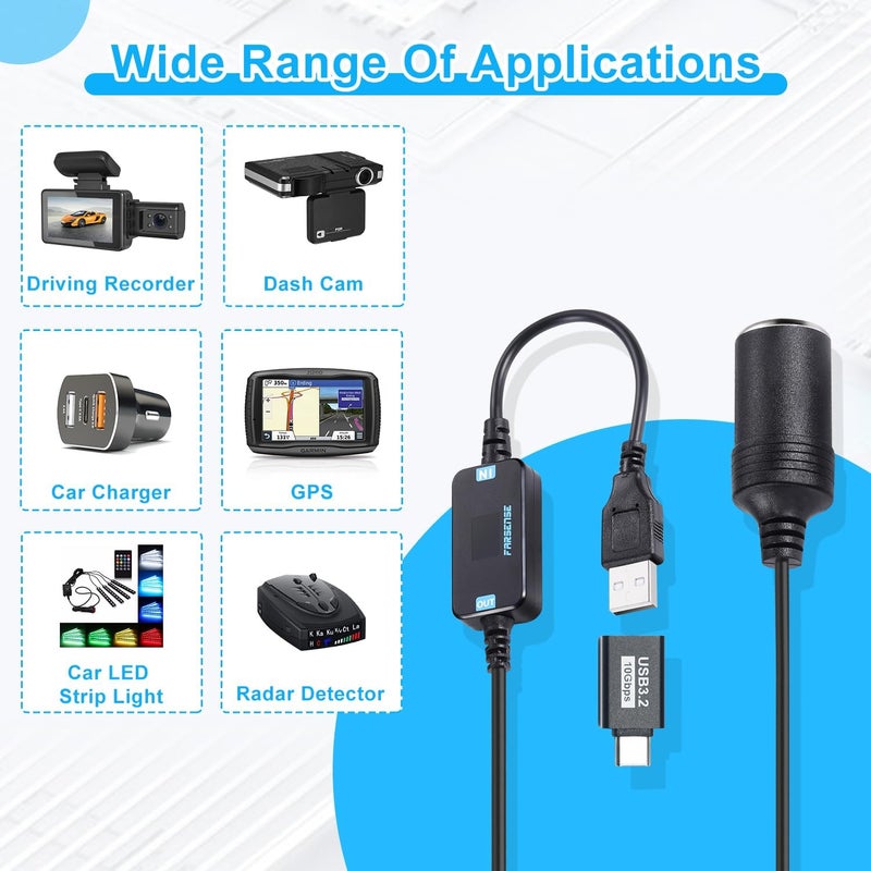 FARSENSE USB A to 12V Cigarette Lighter Adapter-USB C DC 5V to 12V Step Up Car Cigarette Lighter Socket Converter Cable（3FT Supports Voltage Display,for Dash Cam,GPS,Driving Recorder,Etc - Image 3